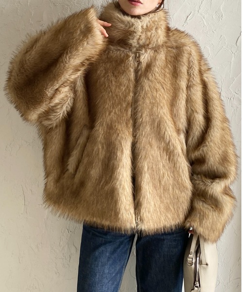 セール】スタンドカラーミドル丈ダブルジップフェイクファージャケット