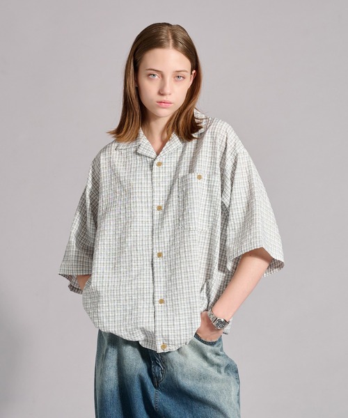 OPEN COLLAR SEERSUCKER PLAID SHIRT / オープンカラーシアサッカー