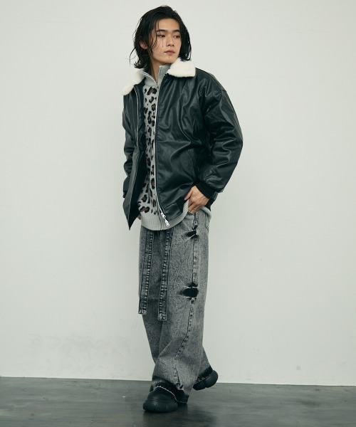 セール】fur collar synthetic leather jacket / 襟ファー合成皮革