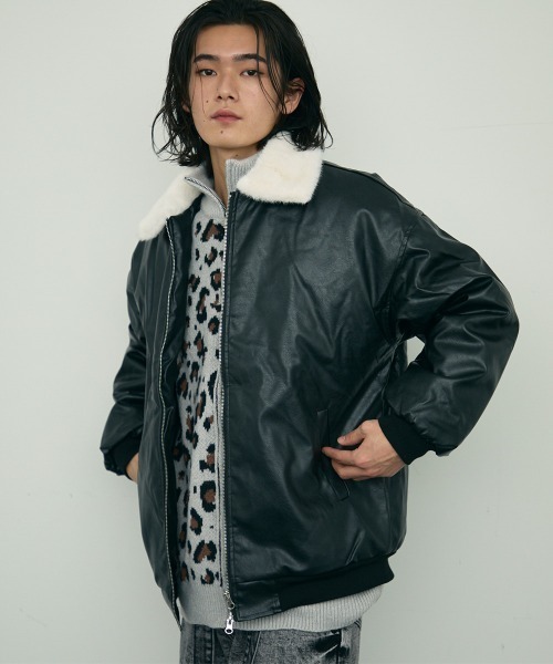 セール】fur collar synthetic leather jacket / 襟ファー合成皮革