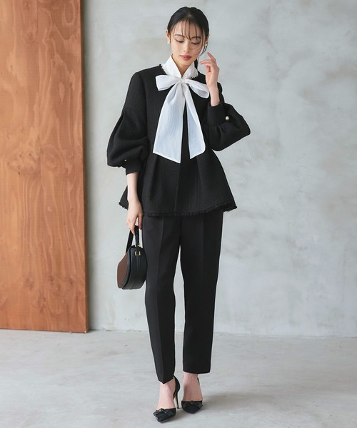 ストレッチ ｜ ノーカラー ツイード ペプラム パンツスーツ ｜ 入学式