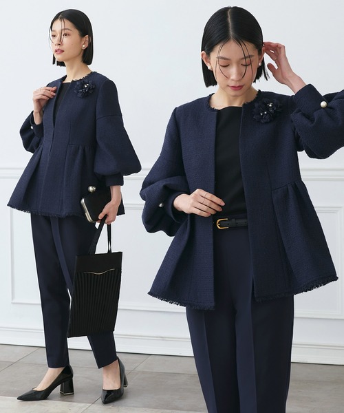 ストレッチ ｜ ノーカラー ツイード ペプラム パンツスーツ ｜ 入学式