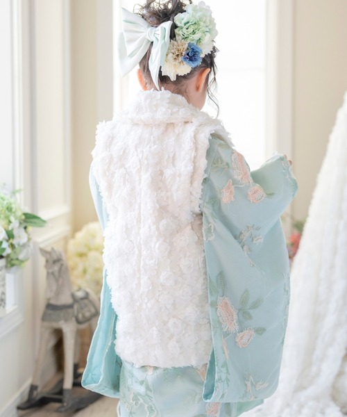 セール】七五三 チュール刺繍着物とバラ生地被布セット（着物