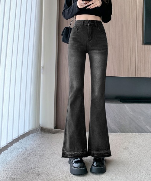 セール】ストレッチ カットオフ ブーツカット ブラック デニム（デニム