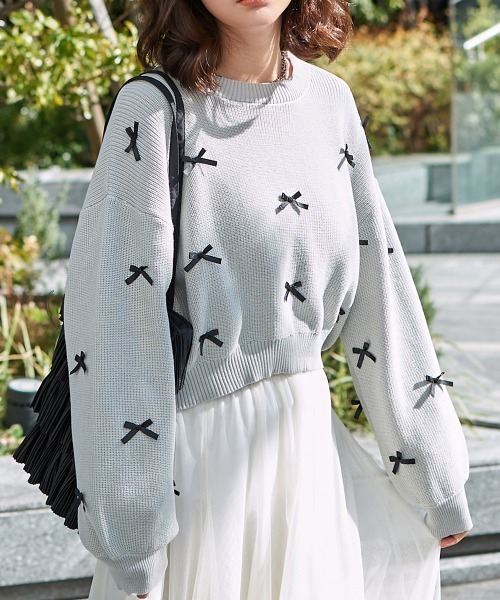 セール】ショート丈りぼんニットトップス（ニット/セーター）｜Rejoule