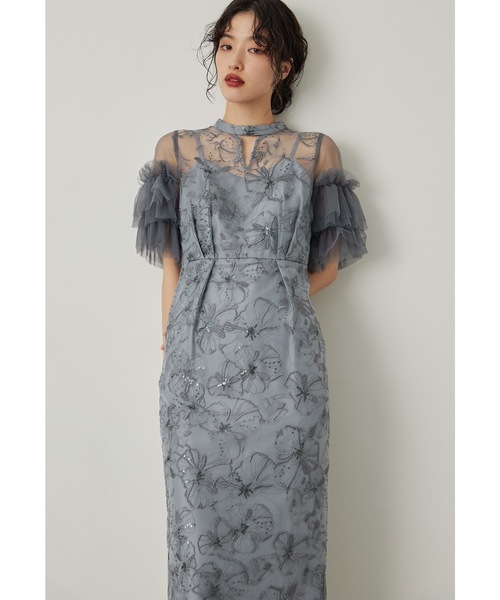 スパンコール刺繍レースドレス キーホールネック 結婚式 成人式 同窓会