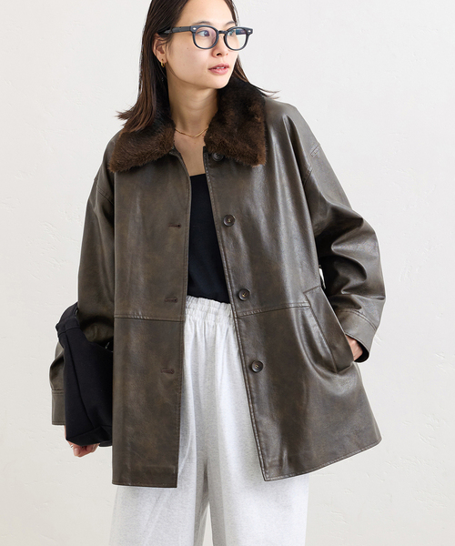 追加》ウォッシャブルフェイクレザーファー襟付カバーオール（その他