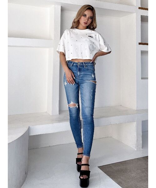 GYDA（ジェイダ）の「ミドルウエストサイドリップドスキニーデニム