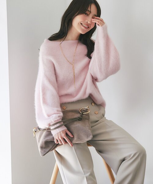 セール】【今すぐお届け！】ヘアリーウールカシミア混リブネック