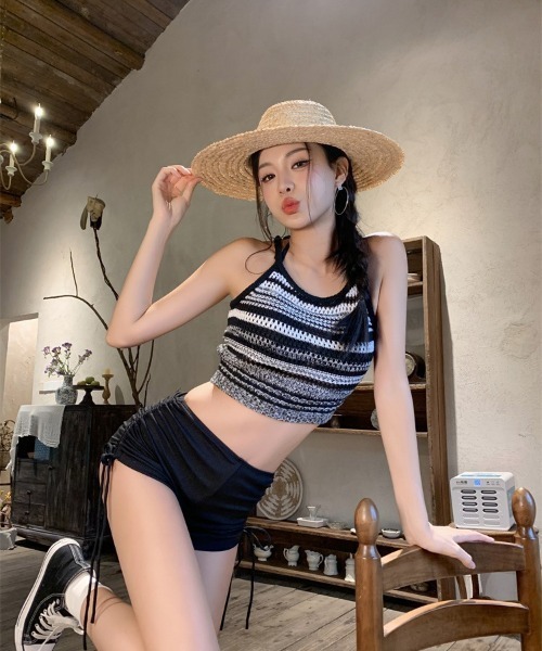 レディース水着 ボーダー ハイウエスト ビキニ 3点セット（水着