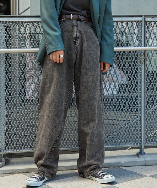ハイウエストワイドストレート ヴィンテージウォッシュデニムパンツ