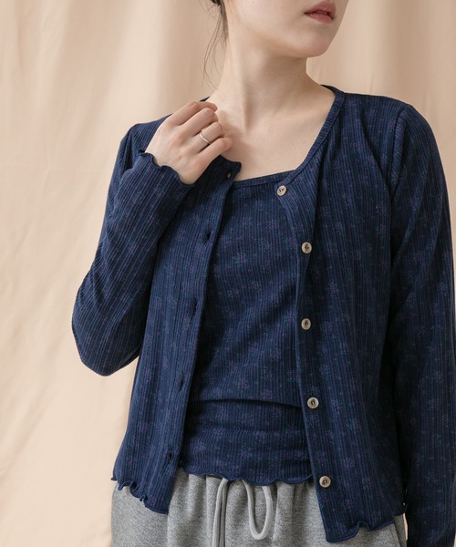 セール】花柄アンサンブルカーディガン/ホワイト ネイビー 柄 韓国