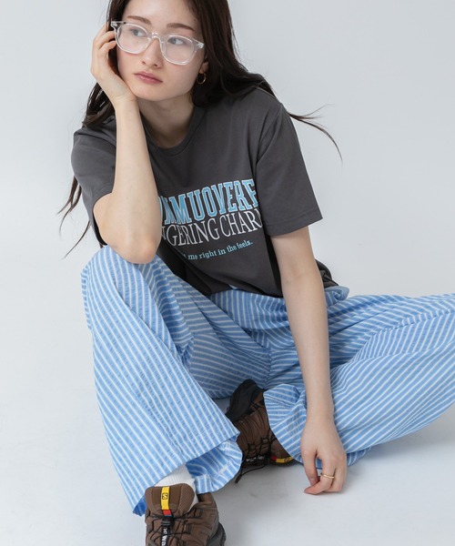 スラブセミシアーロゴプリントTシャツ/イエロー グレー 杢グレー