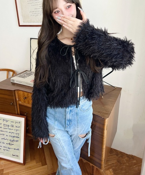 セール】前後2WAYショート丈フリンジリボンカーディガン（カーディガン