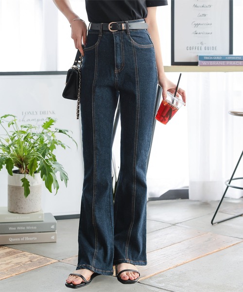 低身長向けサイズ ] ハイウエストセンターシームセミフレアデニム