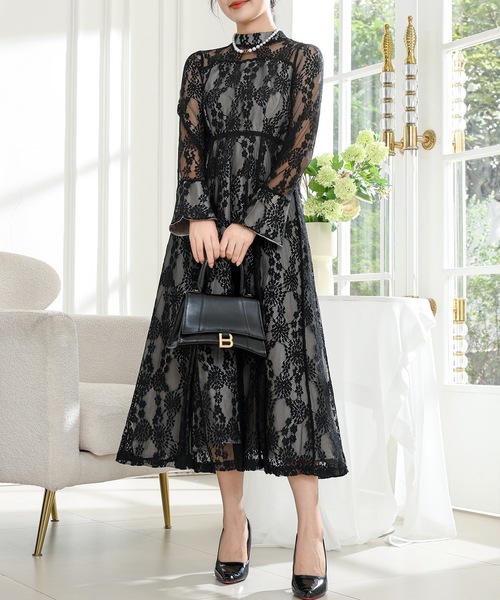 セール】総レース ビスチェ レイヤード ロング ワンピース（ドレス