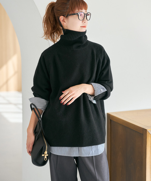 セール】《WEB限定カラー有り》ウールカシミヤ ラグランタートルニット