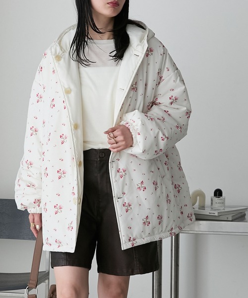 forksy.】花柄リバーシブルフーディ中綿ジャケット（ダウンジャケット