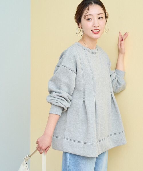 セール】限定展開 配色 ステッチ タック Aライン 裏起毛 チュニック