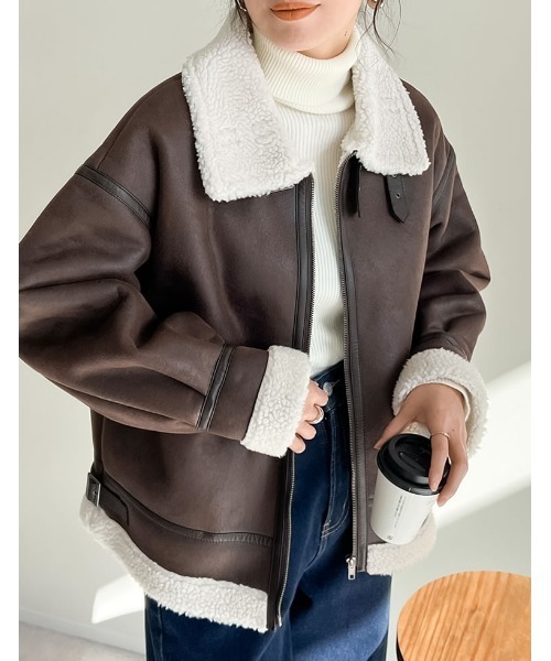 セール】フェイクレザーボンバージャケット（ムートンコート）｜Re