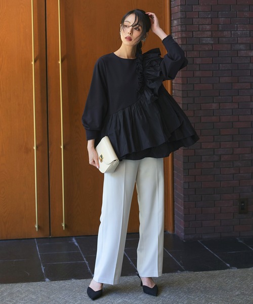 洗える ｜ ショルダー フリル ペプラム TOPS ｜ 長袖 トップス 二の腕