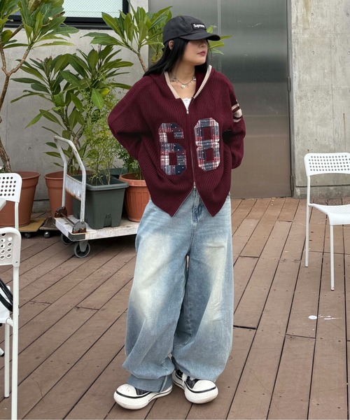 ラインストーンアップリケジップニットパーカー（ニット/セーター