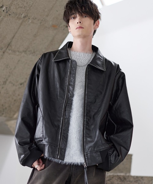 中綿入り ヴィンテージPU合皮ショート丈ブルゾン（ブルゾン