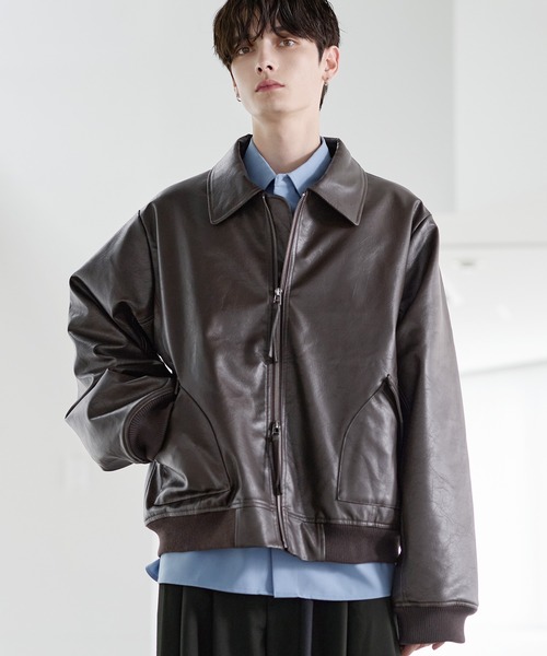 中綿入り ヴィンテージPU合皮ショート丈ブルゾン（ブルゾン