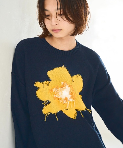 inside out flower motif cotton sweater / インサイドアウトインター