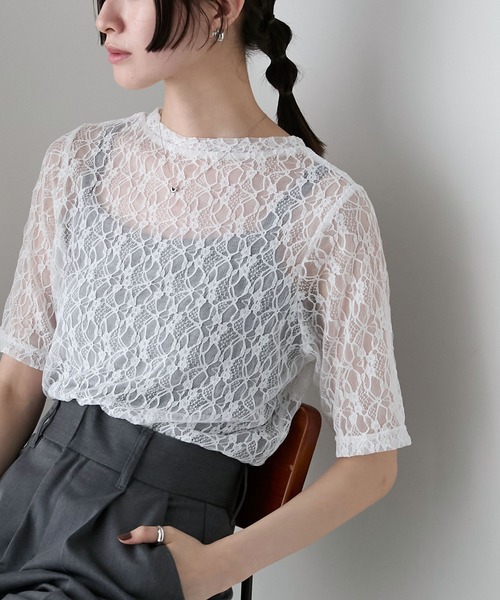 forksy.】フラワーレースシアー半袖トップス（Tシャツ/カットソー