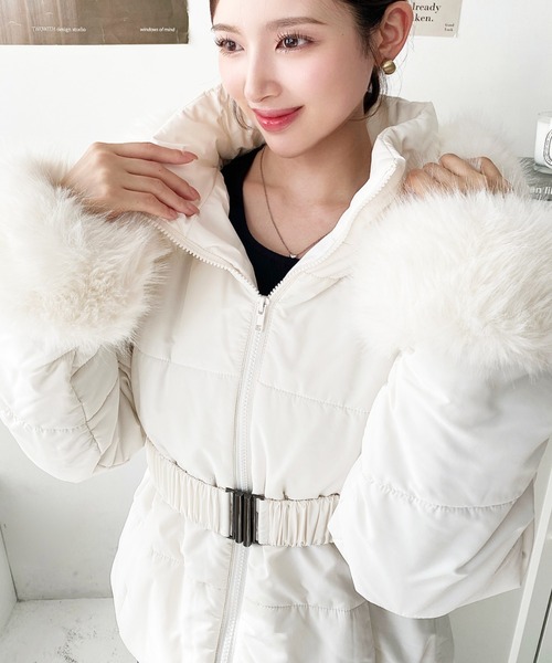 セール】ウェストベルト付きフードファーダウンジャケット（ダウン
