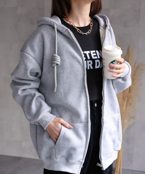 セール】裏起毛 オーバーサイズZIPパーカー/前あきフーディー/ジップ