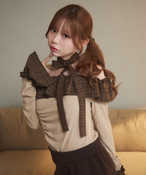 セール】チェックフリルオフショルダートップス（Tシャツ/カットソー