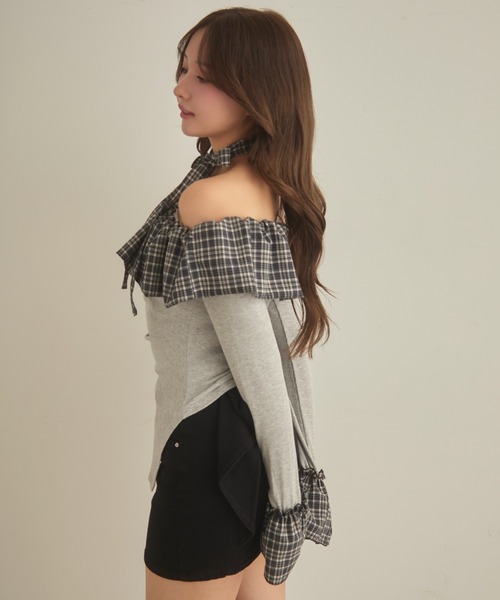 セール】チェックフリルオフショルダートップス（Tシャツ/カットソー