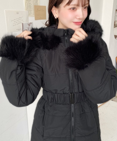 セール】ウェストベルト付きフードファーダウンコート（ダウン