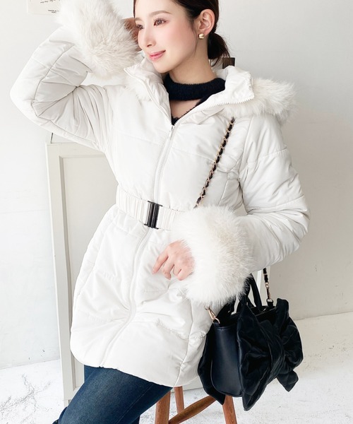 セール】ウェストベルト付きフードファーダウンコート（ダウン