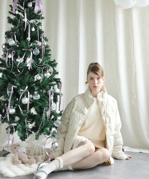 セール】【Jasmine】花柄スタンドカラーダウンジャケットショート丈