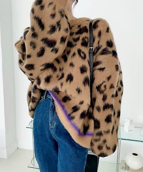 セール】レオパード柄ふわふわモヘアタッチニット（ニット/セーター
