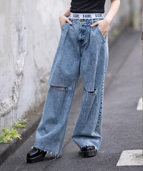 X-girl（エックスガール）の「KNEE SLIT WIDE LEG DENIM PANTS
