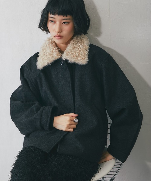セール】2WAYフェイクウール襟プードルファーショートジャケット