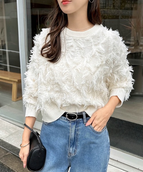 セール】カットフリンジ長袖ニットトップス（ニット/セーター）｜andme