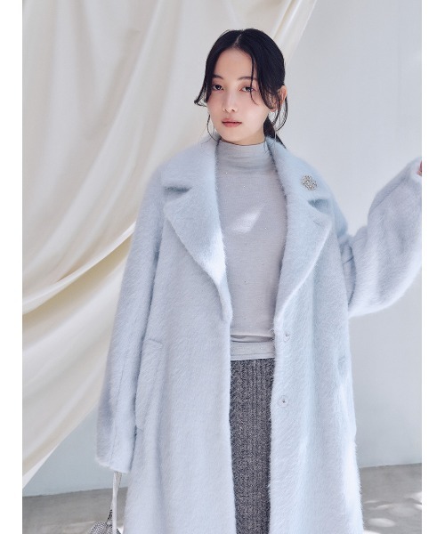 セール】ブローチ付きシャギーロングコート（チェスターコート