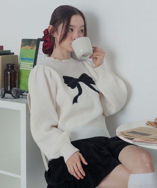 WEGO/【25年秋冬新作】ベロアリボンアップリケタックスリーブニット
