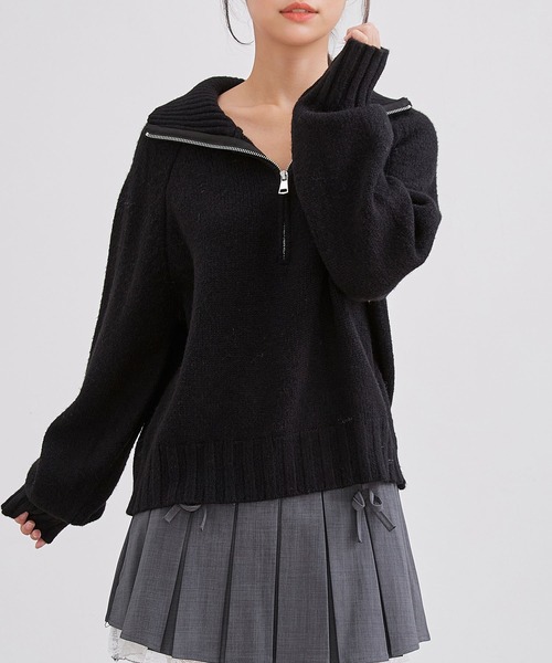 セール】ウールタッチ 襟付き ハーフジップ ニット プルオーバー