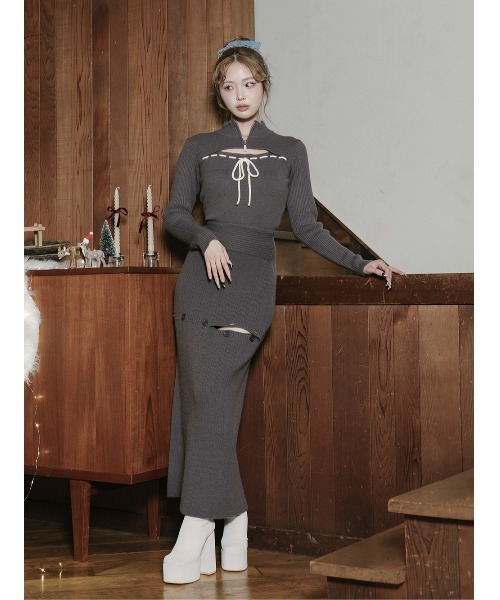 ステッチリボンオープンニットトップス（ニット/セーター）｜Darich