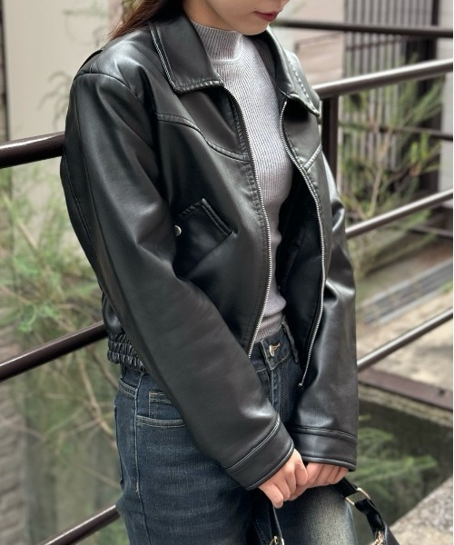 セール】Silly 韓国風レザーライクショートジャケット（ライダース