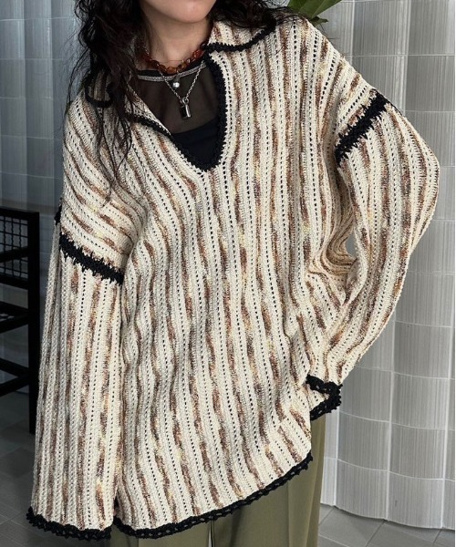 Ameri（アメリ）の「HAND STITCH STRIPE KNIT TOP（ニット/セーター