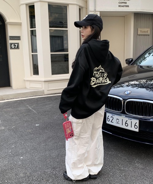 韓国風 秋服 オーバーサイズ マウンテンプリント 裏起毛 フーディー