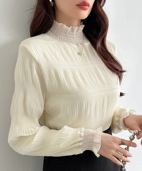 セール】裏起毛であたたかい シャーリングハイネックブラウス 裏起毛