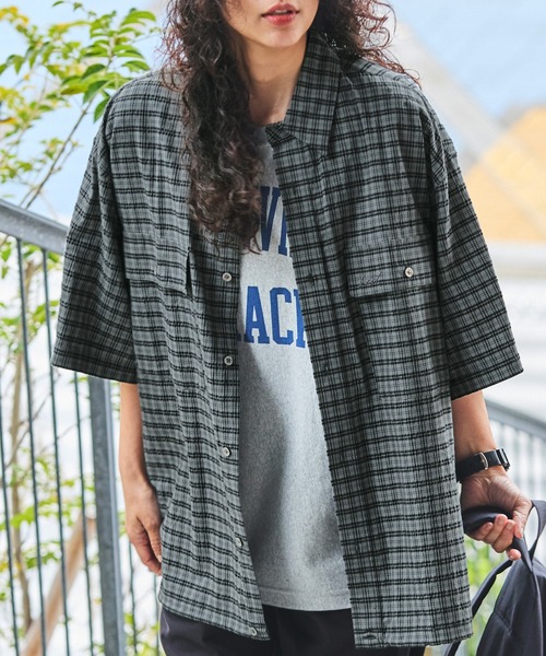 HECT】Big W-pocket Draw Cord Seersucker Check S/S Shirt / ビッグ